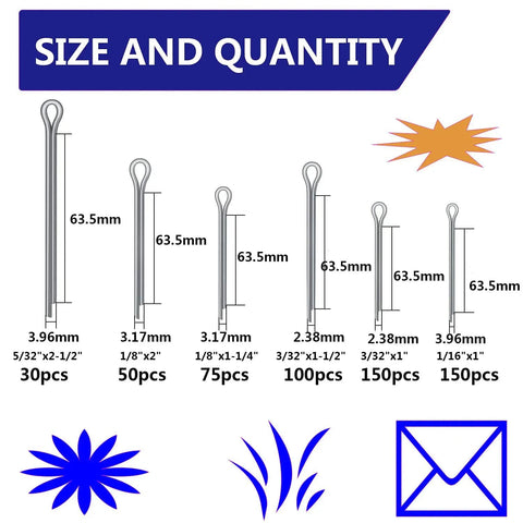 Heavy Duty Cotter Pin Assortment Kit With 555 Steel Cotter Pins, Clips And Fasteners size and quantity chart