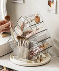 Sturdy Clear Swivel Makeup Organizer, 360 Slick Spin Lazy Susan Tray For Vanities, holding makeup brushes and skincare products.