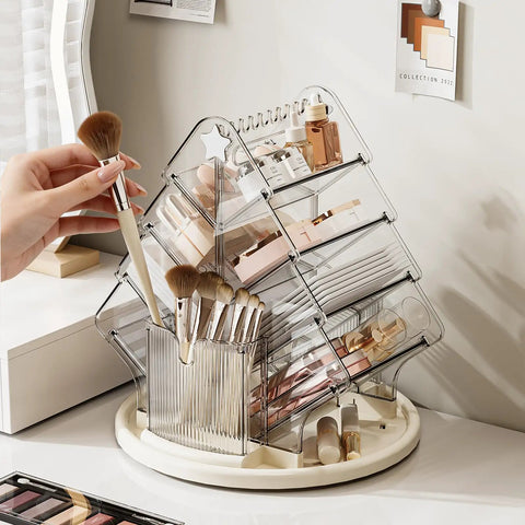 Sturdy Clear Swivel Makeup Organizer, 360 Slick Spin Lazy Susan Tray For Vanities, holding makeup brushes and skincare products.