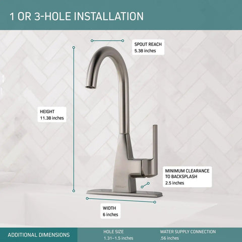 Xander Single-Handle Bar-Prep Kitchen Sink Faucet In Stainless Steel No-Fuss Install For 1 Or 3 Hole Setup Deck Plate Included