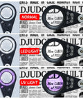 10X Illuminated Jewelers Loupe With Triplet Lens, Six White LEDs And UV Light demonstrating normal, LED, and UV modes on print text.