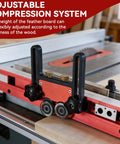 Pro Grade Bearing Roller Featherboards For Table Saw, Router Table, And Band Saw Guards showing adjustable compression system.