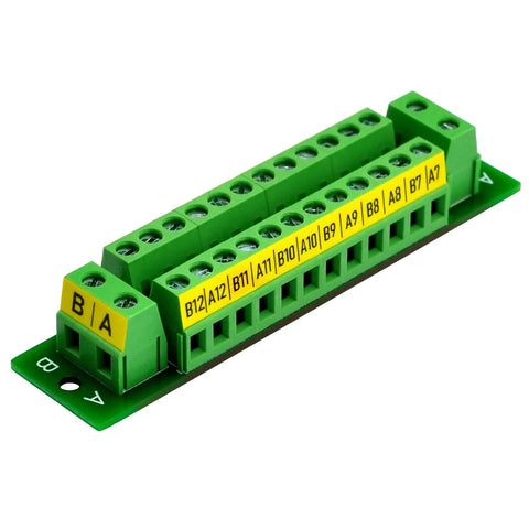 16 Amp 2x12 Position Screw Terminal Block Distribution Module For AC And DC Power Systems 48V Max Supports Extension Modules 7.5mm Pitch 26AWG To 12AWG Wire High Capacity Electrical Distribution Block green screw terminal block with labeled A and B channels