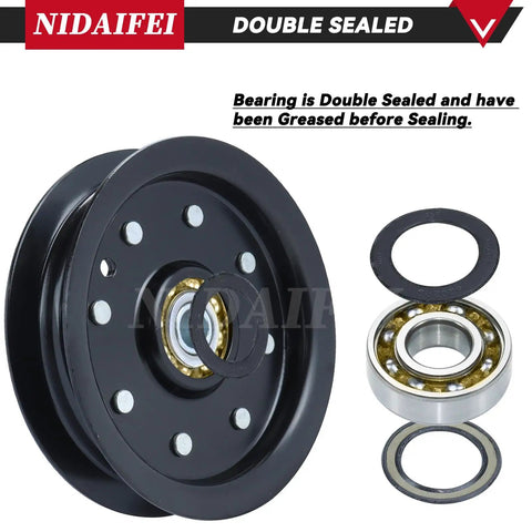 605512 Idler Pulley And 604219 Pulley Kit For Hustler 52 And 42 Inch Mowers, double-sealed bearing visible