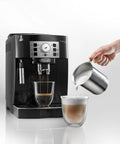 Legit Super Automatic Espresso And Latte Machine With Slick Rapid Cappuccino Frother In Matte Black brewing espresso and pouring milk.