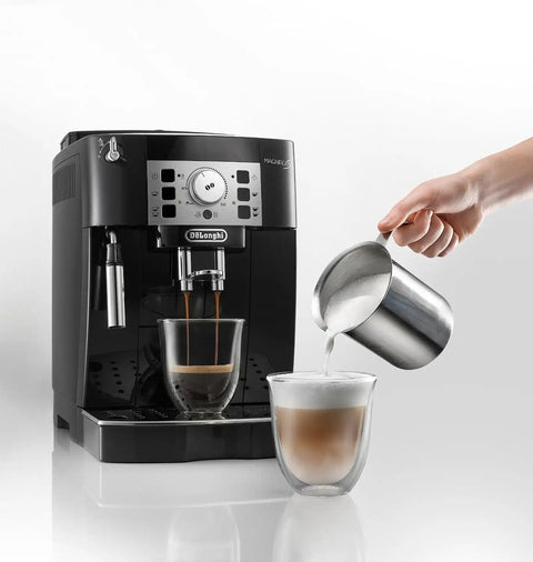 Legit Super Automatic Espresso And Latte Machine With Slick Rapid Cappuccino Frother In Matte Black brewing espresso and pouring milk.