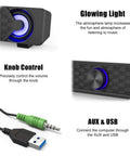 Compact Desktop PC Speakers With USB Powered Wired Connection For Monitor Setup, glowing blue LED light and volume knob