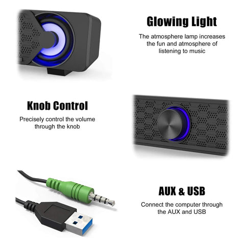 Compact Desktop PC Speakers With USB Powered Wired Connection For Monitor Setup, glowing blue LED light and volume knob