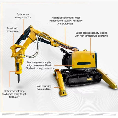 Customizable Remote Control Demolition Robot For Concrete Breaking And Disaster Rescue Heavy Duty Robot in side view on display