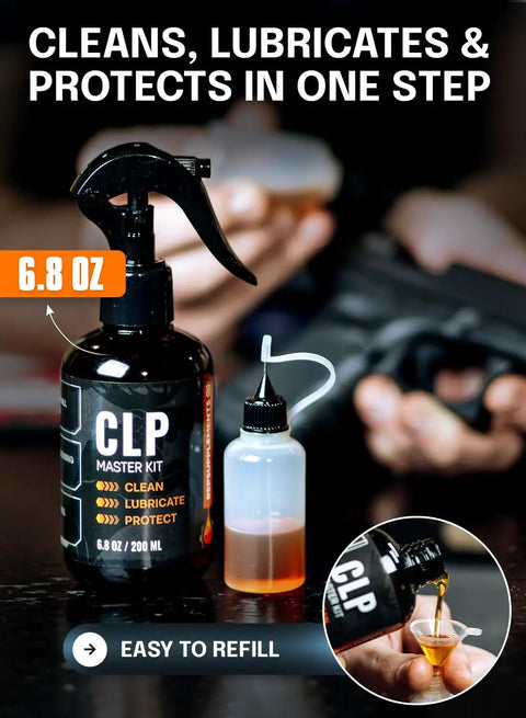 All In One Gun Cleaning Kit That Cleans Lubes And Protects All Moving Parts With A 6.8 Oz Sprayer bottle and needle oiler shown