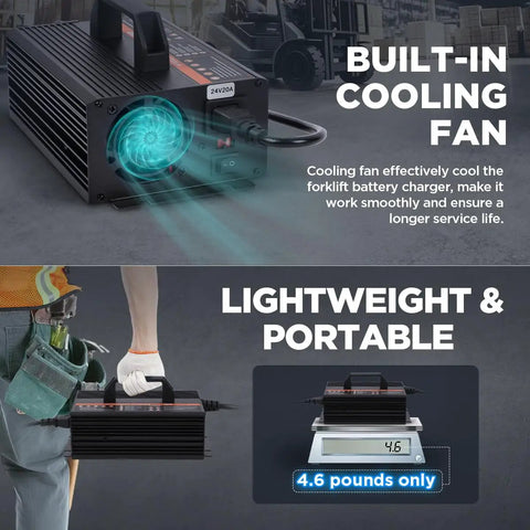24V 20A Smart Forklift Battery Charger With LCD Display For Auto Pallet Jacks showcasing lightweight design and built-in cooling fan.