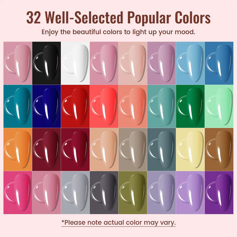 32 color range of Dope Gel Nail Polish Kit With UV Light Four Functional Adhesive Bottles Plus Base Coat.