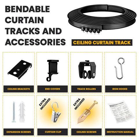 Flexible Ceiling Curtain Track System For Home And RV Dope Bendable Curtain Rail Mount That Supports Room Dividers, Bunk Beds, And Curved Layouts, 9.8 Ft Long Black Quick Install With Sleek Unobtrusive Look. Black bendable ceiling curtain track with rollers, hooks, and mounting accessories
