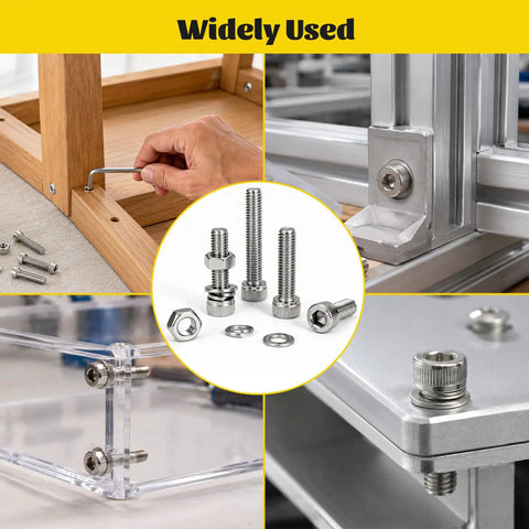 Top Shelf M4 Hex Socket Screw Assortment Kit With 490 Metric Sizes From Six To Thirty Millimeters, stainless steel fasteners in use.