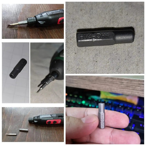 Close-up of 3 Pack Quarter Inch To Micro 6.35mm Hex Socket Screwdriver Bit Adapters with magnetic sleeve and S2 alloy steel.