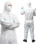 Front and back view of Microporous Disposable Coveralls with Hood for Men and Women Size X Large Pack of 5 in use, showing antistatic features.