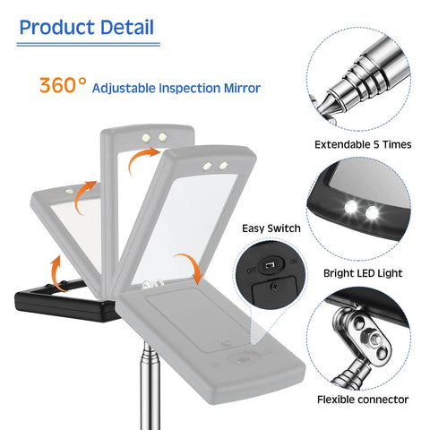 Cool 2 Piece Lighted Telescoping Inspection Mirror Set with LED for Automotive Repair and Home, adjustable mirror shown