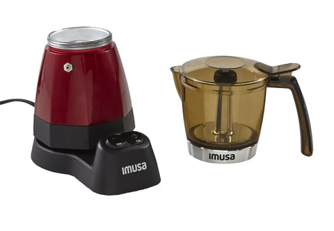 Electric Espresso Moka Maker For 3 To 6 Cups, 48 Oz Capacity, Red, includes a brewer base and transparent carafe