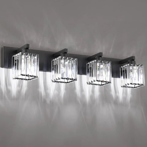 Black Bathroom Vanity Light Fixture With Crystal Accents, featuring sleek 4-Light Wall Sconce on a 32.3-Inch backplate.