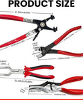 Top Tier 5 In 1 Hose Clamp Pliers Set For Auto Repair Pros, Durable Automotive Tool Kit To Snip Install And Adjust Clips On Coolant Or Fuel Lines Like A Boss. five red-handled steel pliers, 19.8-22.5cm, with size labels for hose clamp removal
