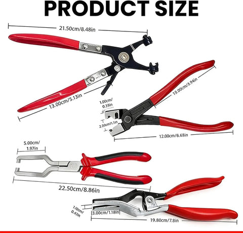 Top Tier 5 In 1 Hose Clamp Pliers Set For Auto Repair Pros, Durable Automotive Tool Kit To Snip Install And Adjust Clips On Coolant Or Fuel Lines Like A Boss. five red-handled steel pliers, 19.8-22.5cm, with size labels for hose clamp removal