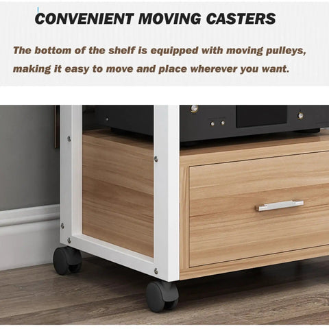 Five Tier AV Media Rack With Drawers Wooden Corner Frame Cabinet and Stereo Stand for Home Office and Studio Gear Multi Functional Storage for Printer Scanner Fax Machine Style 3 60x40x120 cm, with caster wheels