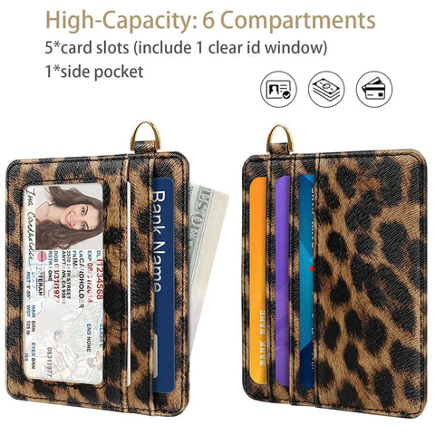 Ultra Slim Minimalist Card Holder Wallet With RFID Blocking, Pocket Ready And Lightweight, Leopard Print with ID Window