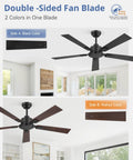 52 Inch Black Ceiling Fan With Remote No Light Quiet Reversible DC Motor Six Speeds For Living Room Bedroom Patio Indoor Outdoor Use Downrod Included For High Or Low Ceilings, shown with double-sided fan blades in black and walnut colors, mounted in a living room.