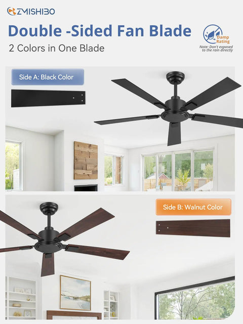 52 Inch Black Ceiling Fan With Remote No Light Quiet Reversible DC Motor Six Speeds For Living Room Bedroom Patio Indoor Outdoor Use Downrod Included For High Or Low Ceilings, shown with double-sided fan blades in black and walnut colors, mounted in a living room.