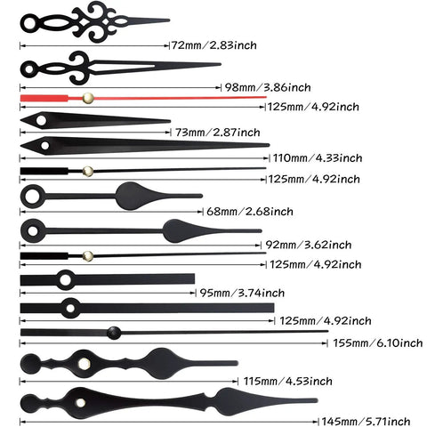 Set of five pairs of black clock hands with measurements, for Two Piece High Torque Long Shaft Clock Movements With Five Pairs Of Hands