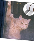 Self Adhesive Window Mesh Repair Tape For Quick Fixes And Easy Screen Mends Diy Friendly Durable Patch Tape For Home Use And Outdoor Screens Like Windows Doors Tents RVs Pool And Patio Screens 1 Roll holding a mesh screen in place while a cat stands behind it