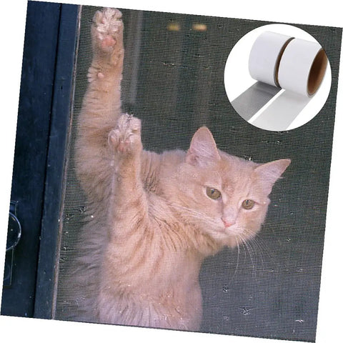 Self Adhesive Window Mesh Repair Tape For Quick Fixes And Easy Screen Mends Diy Friendly Durable Patch Tape For Home Use And Outdoor Screens Like Windows Doors Tents RVs Pool And Patio Screens 1 Roll holding a mesh screen in place while a cat stands behind it