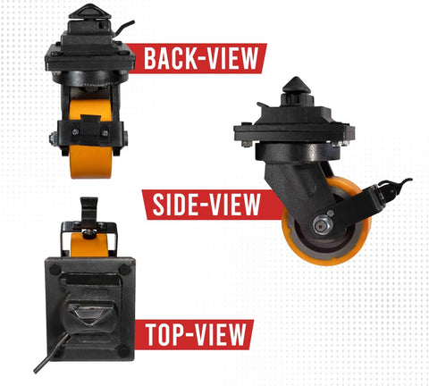 Back, side, and top views of Four Pack 8 Inch ISO Shipping Container Caster Wheels With Brakes 11000 Lbs WLL Per Wheel Swivel Plate