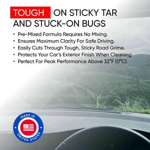 Heavy Duty One Gallon Windshield Washer Fluid With Tough Bug And Tar Blasting Blend For Darn Clean Streak Free Glass On Your Favorite Road Warrior Family Ride with a focus on features.