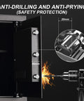 Fireproof And Waterproof Home Safe With Keypad Lock, 2.2 Cu Ft Large Lock Box Cabinet Safe, Solid Steel Construction, Pry Resistant Door And Concealed Hinges For Office, Hotel, And Home Use, showing anti-drilling and anti-prying features.