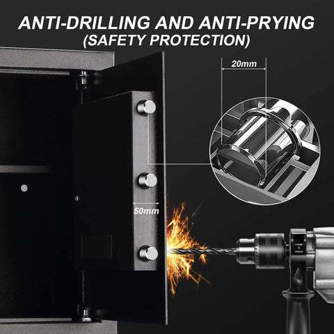 Fireproof And Waterproof Home Safe With Keypad Lock, 2.2 Cu Ft Large Lock Box Cabinet Safe, Solid Steel Construction, Pry Resistant Door And Concealed Hinges For Office, Hotel, And Home Use, showing anti-drilling and anti-prying features.