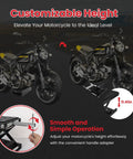 Beefed Up 1300 Lbs Motorcycle Jack With Thick 0.48 Inch Rubber Pad And Upgraded Anti Slip Bottom Wide Deck Carbon Steel Dirt Bike Center Stand With Chain Brush And T Handle For ATV Black supporting a motorcycle, showcasing customizable height feature.