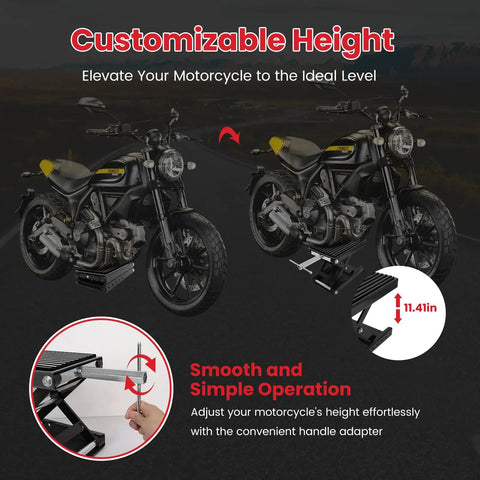 Beefed Up 1300 Lbs Motorcycle Jack With Thick 0.48 Inch Rubber Pad And Upgraded Anti Slip Bottom Wide Deck Carbon Steel Dirt Bike Center Stand With Chain Brush And T Handle For ATV Black supporting a motorcycle, showcasing customizable height feature.