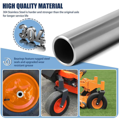 Stainless steel axle and lawn mower wheels showcasing high quality and durability for extended mower service life.