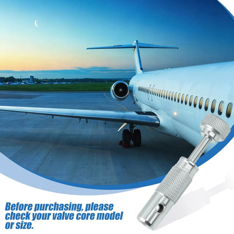 Valve Stem Removal Tool for Aircraft Tire Valve Cores Standard Size Tire Valve Tool with aircraft in background