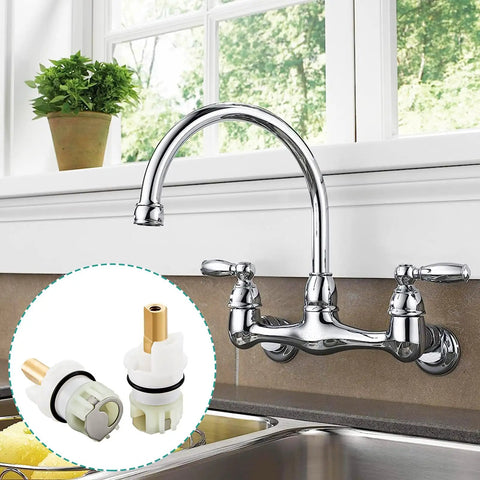 Leak Free Delta Two Handle Faucet Repair Kit With Stem Assembly Replacement Pack Includes Cartridges RP24096 Seats RP4993 Springs And One Quarter Turn Stops 2 Pack shown near a chrome kitchen faucet.