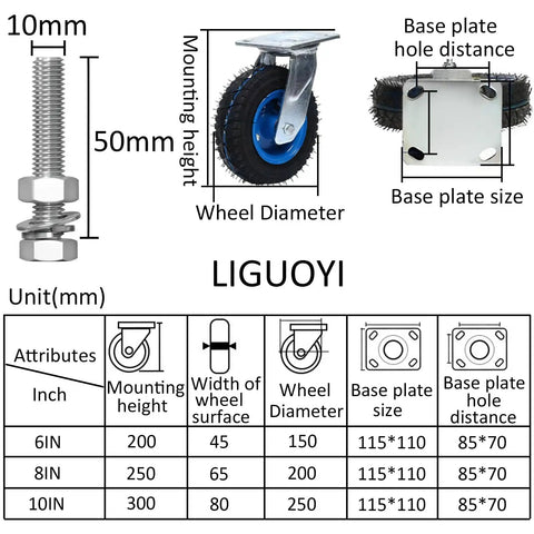 Commercial Grade Heavy Duty Swivel Caster Wheels With Strong Lock Brakes And Silent Pneumatic Air Filled Tires For Rolling Heavy Loads Like A Champ And Quick Install Set Of Two, dimensions and specs image.