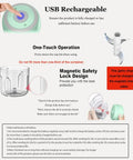 USB rechargeable feature of Compact Electric Mini Vegetable Chopper, one-touch operation design and safety lock details.