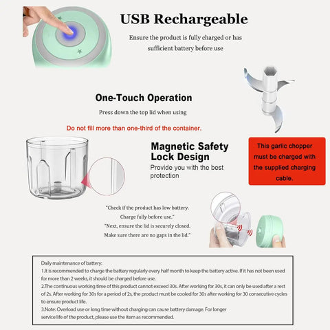 USB rechargeable feature of Compact Electric Mini Vegetable Chopper, one-touch operation design and safety lock details.