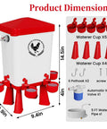 3 Gallon Automatic Chicken Waterer with 5 Foot Pipe and Five Red Nipple Cups Float Control showing dimensions and components.