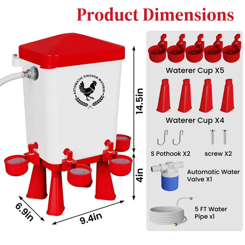 3 Gallon Automatic Chicken Waterer with 5 Foot Pipe and Five Red Nipple Cups Float Control showing dimensions and components.