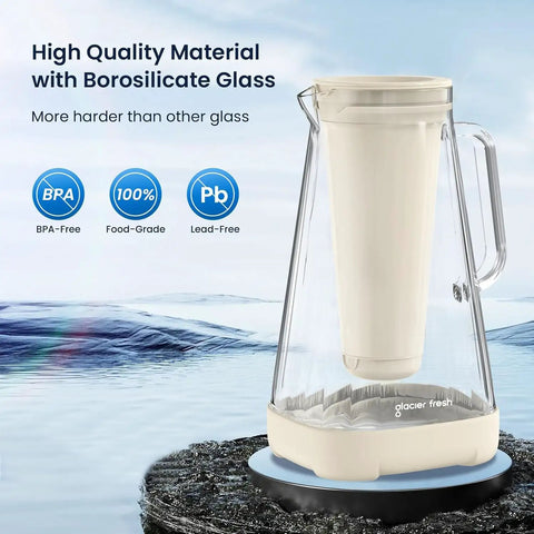 Glass Water Pitcher With Ultrafiltration Membrane And Activated Carbon Filter, 10 Cup Capacity on rocky surface with icons