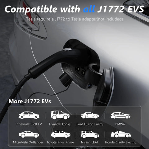 Portable Level 2 EV Charger 40A 240V with J1772 plug connected to car, showcasing compatibility with multiple EV models