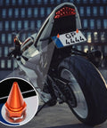 Spike License Plate Screw Fasteners Kit For Cars, Trucks And Bikes, Decorative Anti Theft Stainless Steel And Aluminum Bolts In Orange, 6mm Thread installed on motorcycle license plate.
