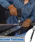 Ultimate Power Hole Punch Tool for Heavy Duty Belt Fastener With 1/2 Inch Drive in use on metal surface by worker.